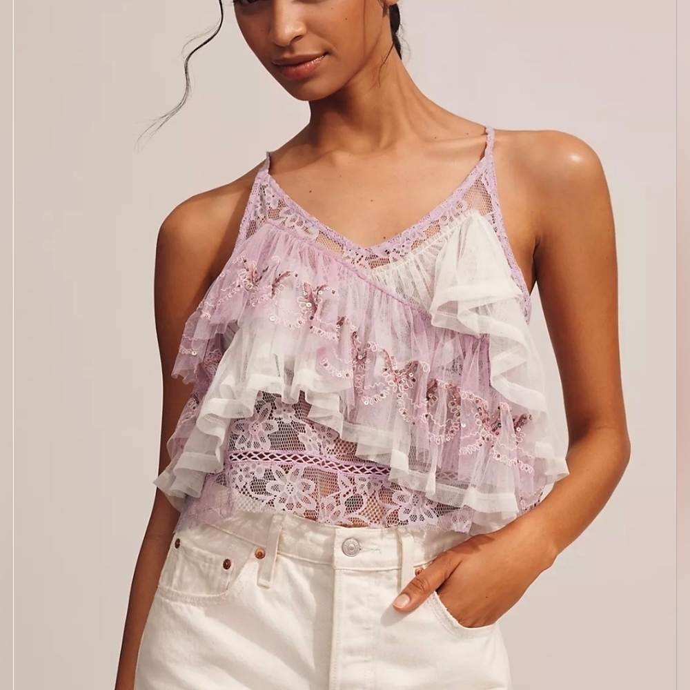 Forever That Girl Anthropologie Lace Ruffle Embellished Tank Top
